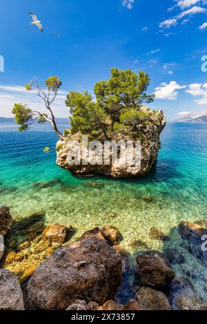 Kamen Brela, simbolo della città di Brela sulla costa adriatica della Dalmazia, Croazia. Kamen Brela, piccola e famosa isola di Brela, Riviera di Makarska, Dalmazia, Foto Stock