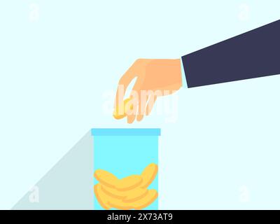 Una mano lancia una moneta in un barattolo di monete. Accumulare soldi. Le dita della mano reggono una moneta d'oro. Design per stampa, striscioni e poster. Il vettore Illustrazione Vettoriale