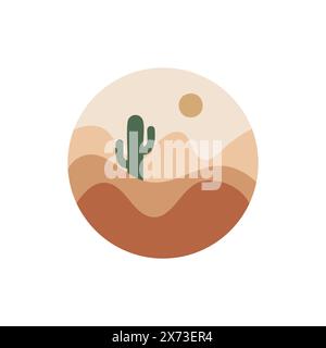 Paesaggio desertico con cactus e sole a forma di cerchio Illustrazione Vettoriale