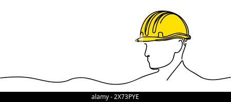 Disegno a linea singola continua di un giovane costruttore. Concetto aziendale di architettura degli edifici. Vettore a linea singola. Illustrazione Vettoriale