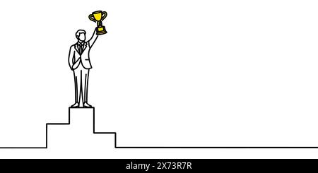 Un disegno in linea di un giovane uomo d'affari con una tuta che solleva un trofeo d'oro con una mano sul podio Illustrazione Vettoriale