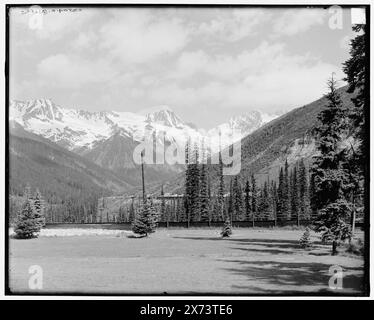 Hermit Range da Glacier House, Selkirk Mountains, British Columbia, Canada, titolo da giacca., le immagini del videodisco non sono in sequenza; l'ordine effettivo da sinistra a destra è 1A-18996, 18995., "1030 A" sul negativo sinistro; "1031 A" sul negativo destro., Detroit Publishing Co. n. 037040., Gift; State Historical Society of Colorado; 1949, Alberghi. , Montagne. , Parchi nazionali e riserve. , Resort. , Canada, British Columbia, Glacier National Park. , Canada, Selkirk Range. Foto Stock