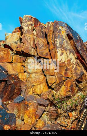 Antiche pitture rupestri su rocce nella gola di Karasay, Taraz, regione di Zhambyl, Kazakistan. Incisioni rupestri dell'età del bronzo e dell'età del ferro Foto Stock