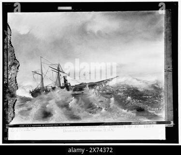 U.S.S. Kearsarge on Roncador Reef, 'Copyt'd di E.H. Hart, 1894: Drawn by Chris Johnson, U.S.N. Feb. 3, 1894' su negativo., Photograph of a Drawing., Detroit Publishing Co. N. 020469., Gift; State Historical Society of Colorado; 1949, Kearsarge (Screw sloop-of-War) , Cruisers (Warships), American. , Incidenti navali. , Mar dei Caraibi. Foto Stock