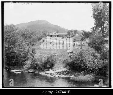 Robt. Louis Stevenson's cottage on Saranac Lake, Adirondacks, N.Y., Title from jacket., "M. Slason & Sons, Pianos are all right [, .]" Sul cartello, "G 5404" in negativo, Detroit Publishing Co. N. 068290., Gift; State Historical Society of Colorado; 1949, Stevenson, Robert Louis, 1850-1894, case e luoghi di ritrovo. , Abitazioni. , Fronti d'acqua. , Stati Uniti, New York (Stato), Saranac Lake. , Stati Uniti, New York (Stato), monti Adirondack. Foto Stock
