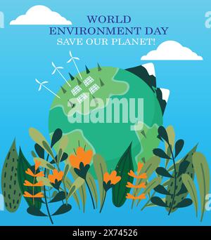 Giornata della Terra. Concetto ecologico. Illustrazione vettoriale. Concetto di giornata della Terra. Contesto della giornata mondiale dell'ambiente. Salvare la terra. Poster della giornata della Terra Illustrazione Vettoriale