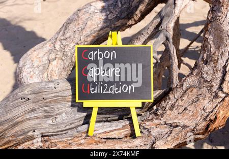 Simbolo di utilizzo della cattura del carbonio CCU. Parole concettuali CCU Carbon Capture Utilization on Beautiful Blackboard Beautiful Tree background Business ecologi Foto Stock