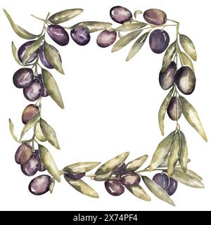 Cornice ad acquerello con ramoscello di olive, illustrazione a bordo di oliva Foto Stock