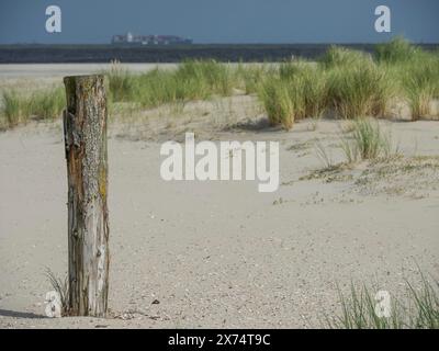 Una spiaggia tranquilla con palo di legno in primo piano, dune erbose e mare sullo sfondo, palo di legno su una spiaggia ghiacciata sul mare con dune Foto Stock