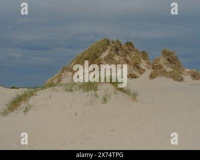 Dune di sabbia collinare con erba sotto un cielo nuvoloso, appartate e tranquille, dune su un'isola con una barca blu e una panchina, nuvole e sabbia sul mare Foto Stock