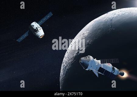 Sonda Orion con satellite vicino alla superficie della Luna. Missione spaziale Artemis. Elementi di questa immagine forniti dalla NASA. Foto Stock