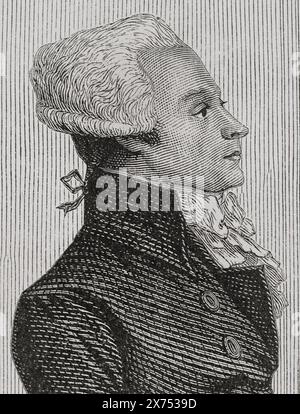 Maximilien Robespierre (1758-1794). Scrittore, avvocato e politico francese. Uno dei leader della Rivoluzione francese. Presidente della Convenzione nazionale per due volte, membro dei giacobini e del Comitato di pubblica sicurezza. Ritratto di Robespierre che parla alla Convenzione. Disegno di E. Viollat. Incisione di Pannemaker. Dettagli. "Storia della Rivoluzione francese". Volume i, 1876. Foto Stock