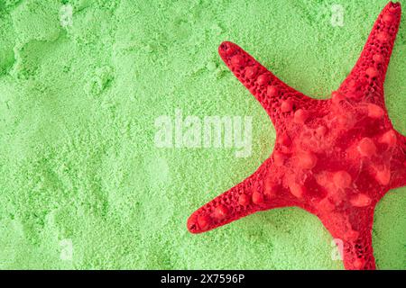 Composizione estiva alla moda realizzata con stelle marine rosse su sfondo di sabbia verde con spazio copia. Foto minimale delle vacanze estive. Foto Stock
