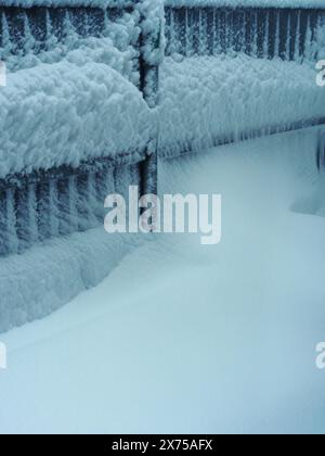 Recinzione metallica ricoperta di neve e con neve aderente di colore blu. FOTOCAMERA DIGITALE OLYMPUS Foto Stock