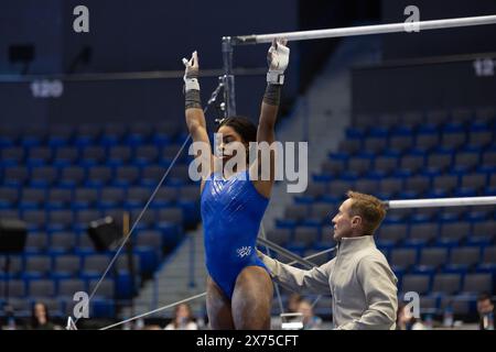 17 maggio 2024: Ginnasta GABBY DOUGLAS durante l'allenamento sul podio per il 2024 Core Hydration Classic. L'evento si terrà presso il XL Center di Hartford, Connecticut. Melissa J. Perenson/CSM (immagine di credito: © Melissa J. Perenson/Cal Sport Media) crediti: Cal Sport Media/Alamy Live News Foto Stock