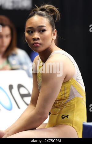 17 maggio 2024: Ginnasta SUNISA LEE durante l'allenamento sul podio per il 2024 Core Hydration Classic. L'evento si terrà presso il XL Center di Hartford, Connecticut. Melissa J. Perenson/CSM credito: Cal Sport Media/Alamy Live News Foto Stock