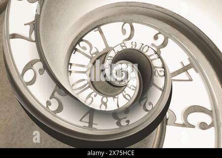 Infinito e altri concetti correlati al tempo. Orologio bianco ritorto a spirale, con motivo frattale Foto Stock