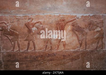 Rilievo murale del vecchio Regno di Saqqara, in Egitto, che mostra i servi in una vita quotidiana o offre scene, scolpito in pietra calcarea con iscrizioni geroglifiche. Foto Stock