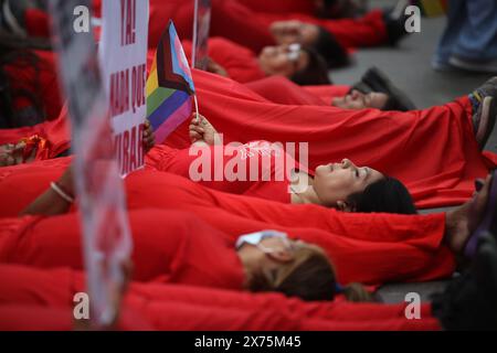 Lima, Perù. 17 maggio 2024. Le persone prendono parte a una protesta LGBTQ contro un decreto a seguito di una decisione del Ministero della salute di classificare le persone transgender come malati mentali. Credito: Gian Masko/dpa - ATTENZIONE: Solo per uso editoriale e solo con pieno riferimento al credito sopra menzionato/dpa/Alamy Live News Foto Stock