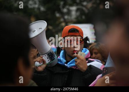 Lima, Perù. 17 maggio 2024. Le persone prendono parte a una protesta LGBTQ contro un decreto a seguito di una decisione del Ministero della salute di classificare le persone transgender come malati mentali. Credito: Gian Masko/dpa - ATTENZIONE: Solo per uso editoriale e solo con pieno riferimento al credito sopra menzionato/dpa/Alamy Live News Foto Stock