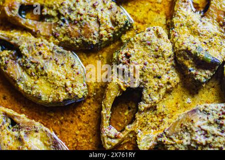 Sorshe ilish o hilsa curry di pesce cotto con semi di senape servito su un piatto. Pezzi di pesce sono visti in una ricca salsa gialla. Questo è un mestiere molto popolare Foto Stock