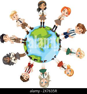 Ragazzi in piedi su un globo, che si tengono per mano Illustrazione Vettoriale