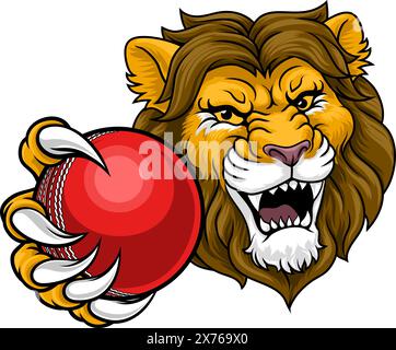 Lion Cricket Ball Animal Sports Team Mascot Illustrazione Vettoriale