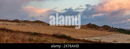 Vista panoramica dei Monts d'Arrée al tramonto. Si tratta di un'antica catena montuosa della Bretagna occidentale che fa parte del massiccio armoricano. Foto Stock