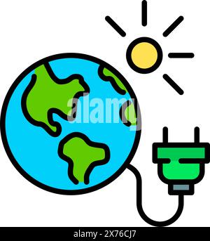 Sostenibilità globale. Terra, sole e spina verde. Ecosistema a energia solare. Uso di energia rinnovabile. Icona Pixel Perfect Illustrazione Vettoriale