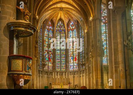 Le vetrate colorate della Basilique Saint Nazaire, Carcassone, Francia Foto Stock