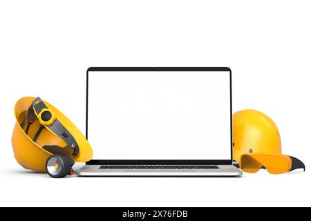 Set di caschi di sicurezza o cappucci rigidi, occhiali e laptop per lavori di carpenteria su sfondo bianco. 3d rappresentazione ed illustrazione dell'utensile per lavori di carpenteria o Foto Stock