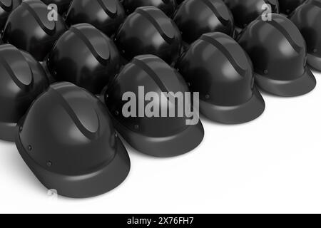 Set di caschi di sicurezza o cappucci rigidi per lavori di carpenteria in fila su sfondo bianco. 3d rappresentazione ed illustrazione dell'utensile per lavori di carpenteria o testa di lavoro Foto Stock