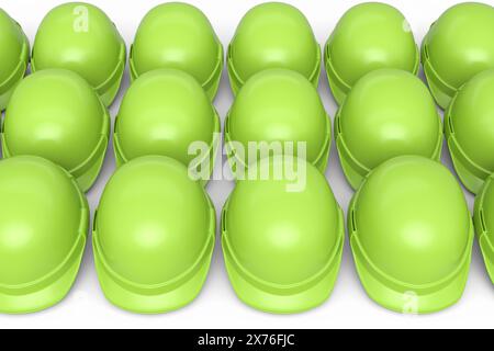 Set di caschi di sicurezza o cappucci rigidi per lavori di carpenteria in fila su sfondo bianco. 3d rappresentazione ed illustrazione dell'utensile per lavori di carpenteria o testa di lavoro Foto Stock