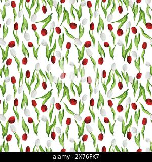 Illustrazione ad acquerello disegnata a mano. Motivo floreale senza cuciture con tulipani rossi e bianchi in ordine casuale Foto Stock