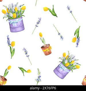 Illustrazione ad acquerello disegnata a mano. Motivo floreale senza cuciture con tulipani di lavanda, bianchi e gialli, rami di salice e vasi di fiori Foto Stock