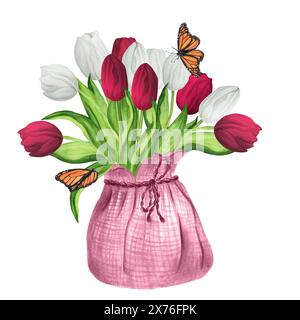 Illustrazione ad acquerello disegnata a mano. Sacco in burlap rosa con tulipani bianchi e rossi e farfalle. Bouquet floreale in sacca di volata. Pentola ecologica per fl Foto Stock