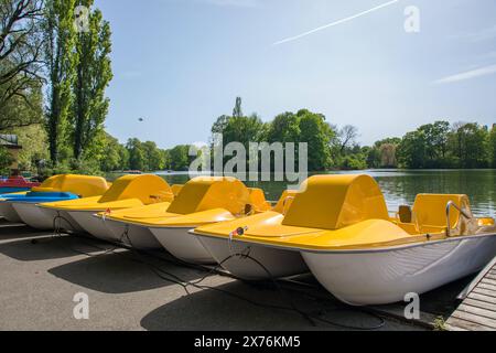 München, Deutschland 29. Aprile 2024: Impressionen Starnberger SEE - IM Bild: IM Englischen Garten am Kleinhesseloher SEE Warten Tretboote auf Kunden Englischer Garten Bayern *** Monaco di Baviera, Germania 29 aprile 2024 Impressions Lake Starnberg in the picture pedalò boats aspettano i clienti nel Giardino inglese a Kleinhesseloher SEE English Garden Bavaria Copyright: XFotostandx/xFritschx Foto Stock