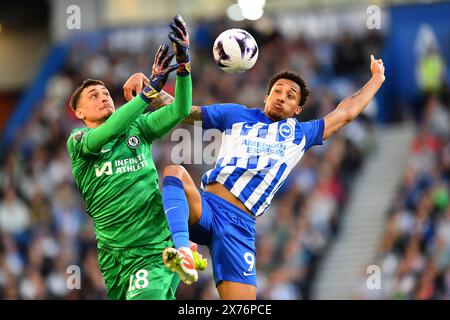 Djordje Petrovic di Chelsea e Joao Pedro di Brighton e Hove Albion sfidano il pallone - Brighton & Hove Albion contro Chelsea, Premier League, Amex Stadium, Brighton, Regno Unito - 15 maggio 2024 solo uso editoriale - si applicano restrizioni DataCo Foto Stock