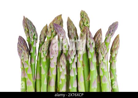 Mazzo di asparagi verdi crudi isolati su sfondo bianco. Germogli commestibili di steli di erba cipollina. Cibo sano, verdure fresche, ingrediente per cucinare Foto Stock