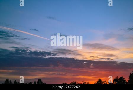 Il bagliore mattutino illumina le nuvole su un bellissimo cielo colorato sopra le sagome degli alberi all'alba Foto Stock