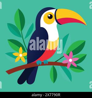 Un colorato toucan siede su un ramo con foglie e fiori. Illustrazione Vettoriale