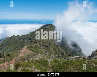 Vista dal Pico Ruivo, la vetta più alta di Madeira, Portogallo. Montagne verdi, nuvole nebbiose e oceano atlantico sul sentiero escursionistico PR1.2 da Achada do Foto Stock