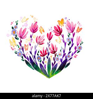 Fiori stilizzati a forma di cuore. Illustrazione disegnata a mano con acquerello. Isolare su sfondo bianco. Illustrazione brillante per il design Foto Stock