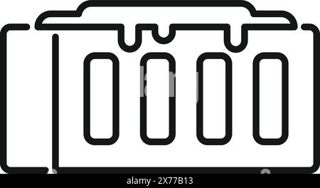 Illustrazione vettoriale minimalista del contorno dell'icona della batteria in bianco e nero, che rappresenta un basso livello di energia di carica e l'indicazione del simbolo, perfetta per la tecnologia digitale e i concetti di design ecocompatibili Illustrazione Vettoriale