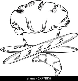 Baguette croissant francesi e cappello da chef. Prodotti da forno. Copricapo uniforme professionale. Illustrazione vettoriale lineare, isolata. Prodotto alimentare. Modello Illustrazione Vettoriale