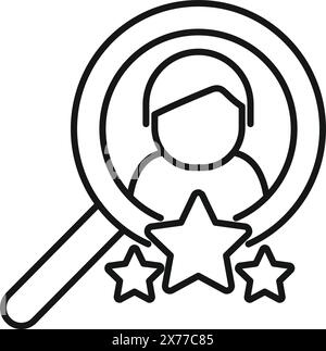 Illustrazione in line art di una figura umana sotto una lente d'ingrandimento con stelle, che simboleggia l'identificazione del talento Illustrazione Vettoriale