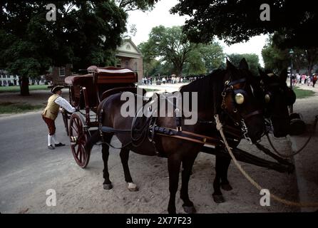 Williamsburg, Virginia. USA 9/1987. Il museo vivente americano, risalente al 18th secolo e di 301 acri, dedicato ai giovani e agli anziani. I Docenti offrono ai visitatori la storia verbale storica delle case d'epoca/replica della Virginia coloniale del 18th secolo, negozi, artigianato, Inns, taverne, E la vita quotidiana dell'America coloniale. Foto Stock