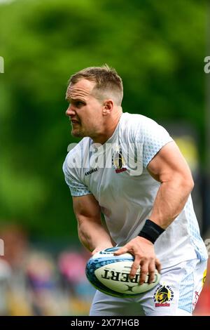 Leicester, Regno Unito. 18 maggio 2024. Gli Exeter Chiefs si scaldano durante la partita di rugby della Gallagher Premiership tra Leicester Tigers ed Exeter Chiefs al Welford Road Stadium di Leicester, Regno Unito, il 18 maggio 2024. Foto di Mark Dunn. Solo per uso editoriale, licenza richiesta per uso commerciale. Non utilizzare in scommesse, giochi o pubblicazioni di singoli club/campionato/giocatori. Crediti: UK Sports Pics Ltd/Alamy Live News Foto Stock