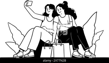 Un'illustrazione dal design piatto pulito e moderno di due ragazze sedute con delle borse della spesa e scattate dei selfie. Illustrazione Vettoriale