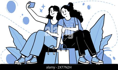 Un'illustrazione dal design piatto pulito e moderno di due ragazze sedute con delle borse della spesa e scattate dei selfie. Illustrazione Vettoriale